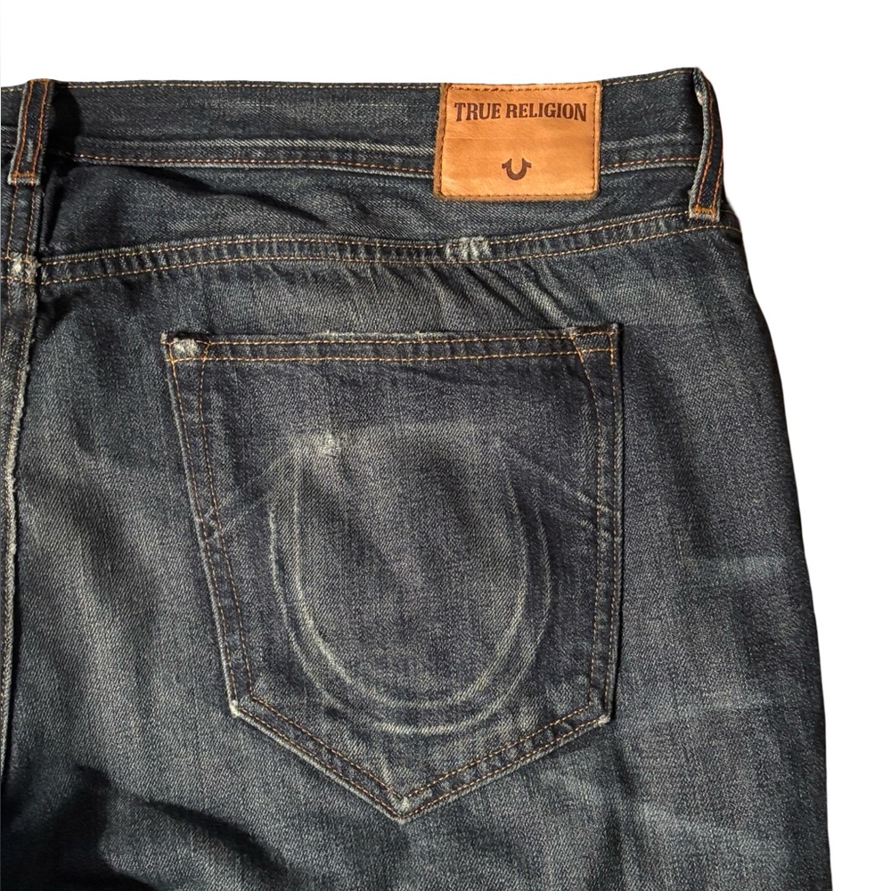 True Religion ROCCO Relaxed Skinny Jeans Mens 42x33 Blue Whisker Fade Button Fly